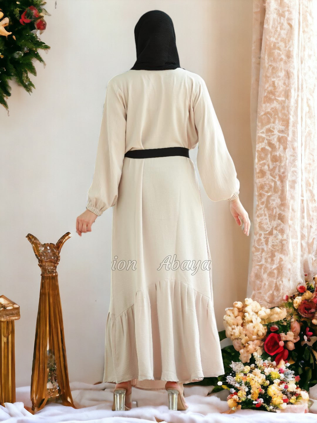 Long Dress with belt in black and almond
