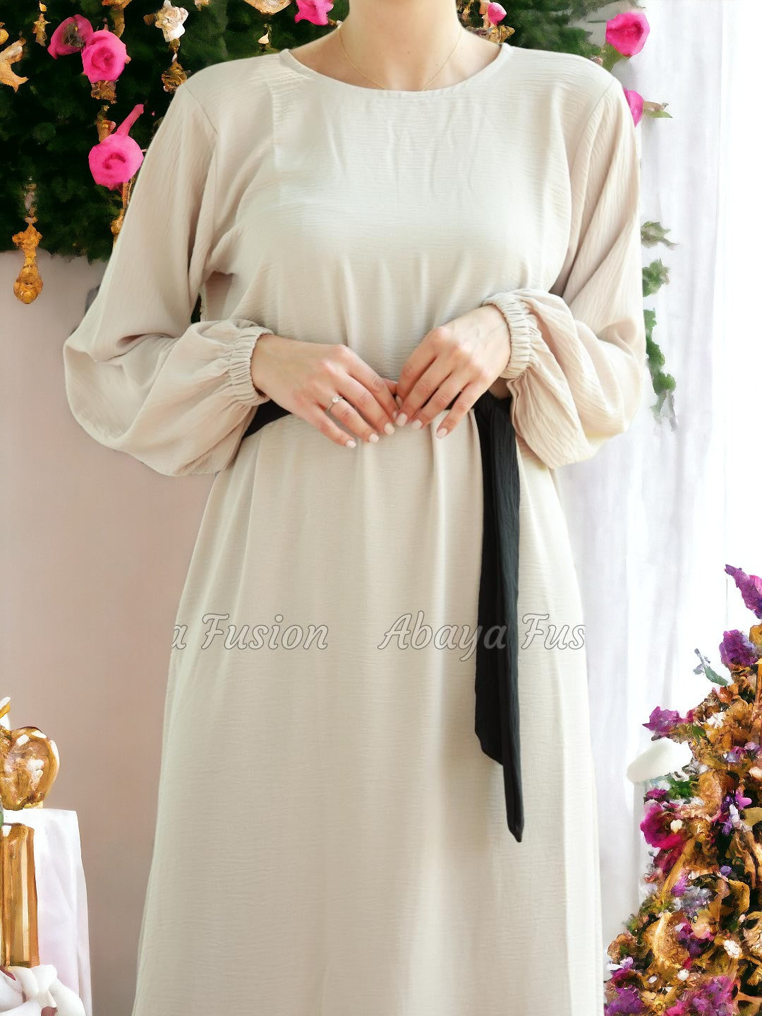 Long Dress with belt in black and almond