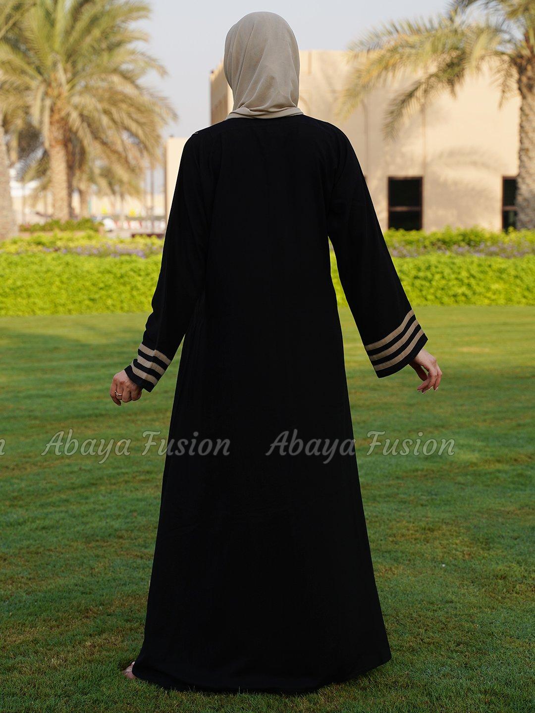 Abaya with Piping and Pleat Work On Front in Black and Beige