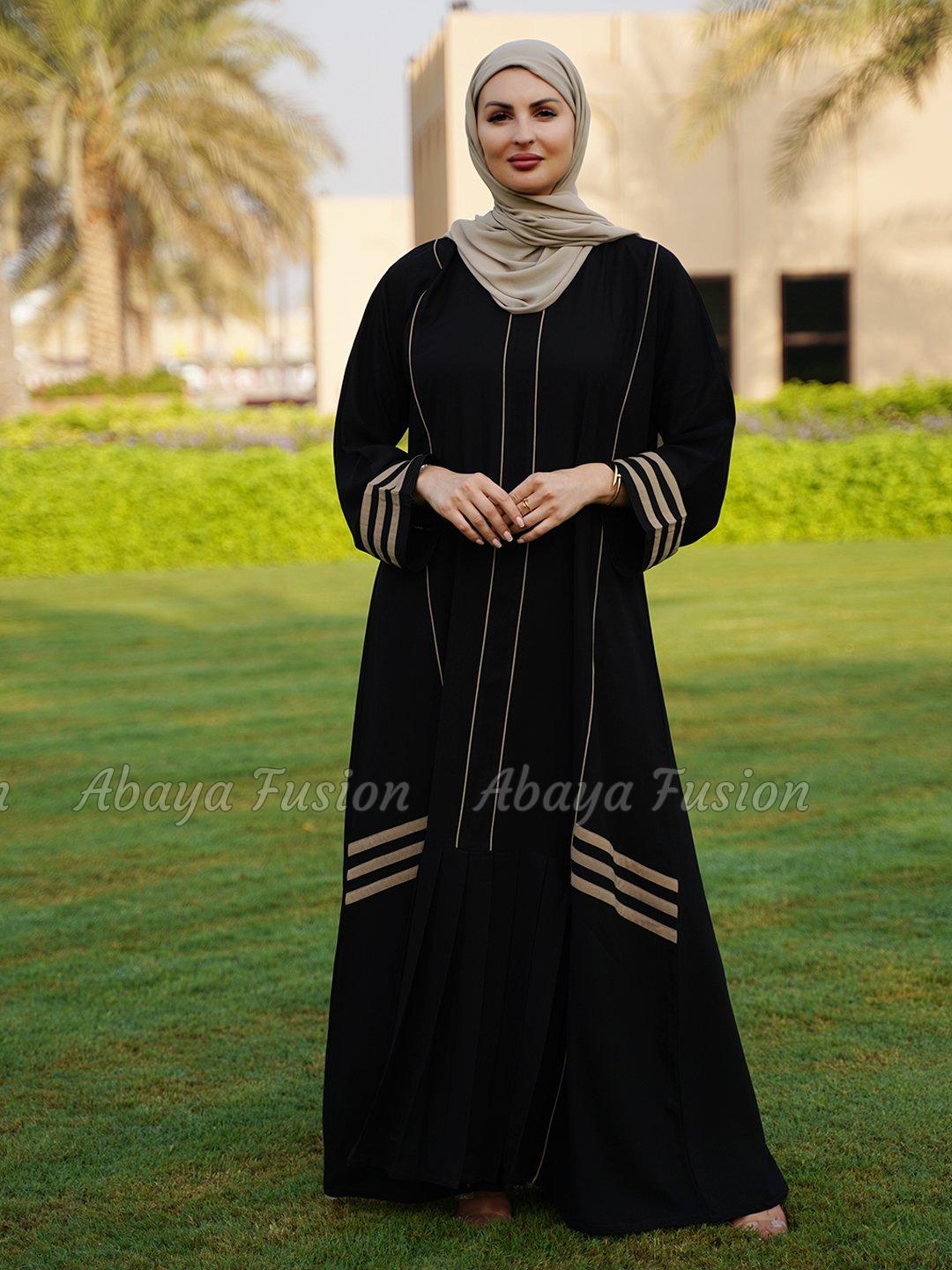 Abaya with Piping and Pleat Work On Front in Black and Beige