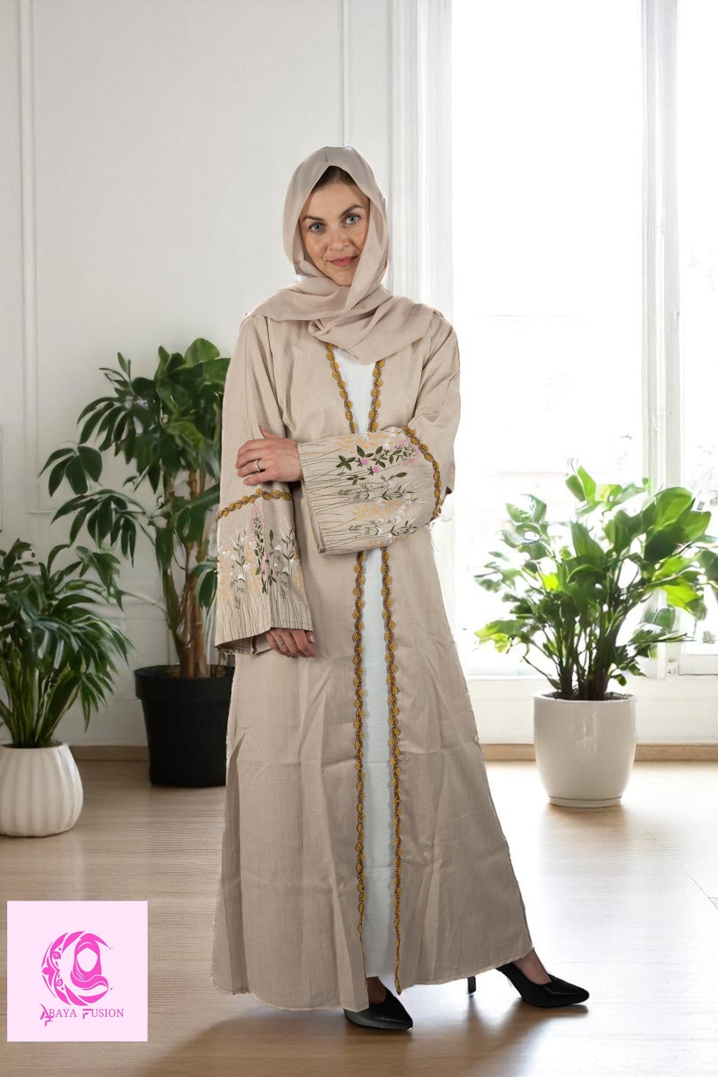 Beige linen embroidery abaya