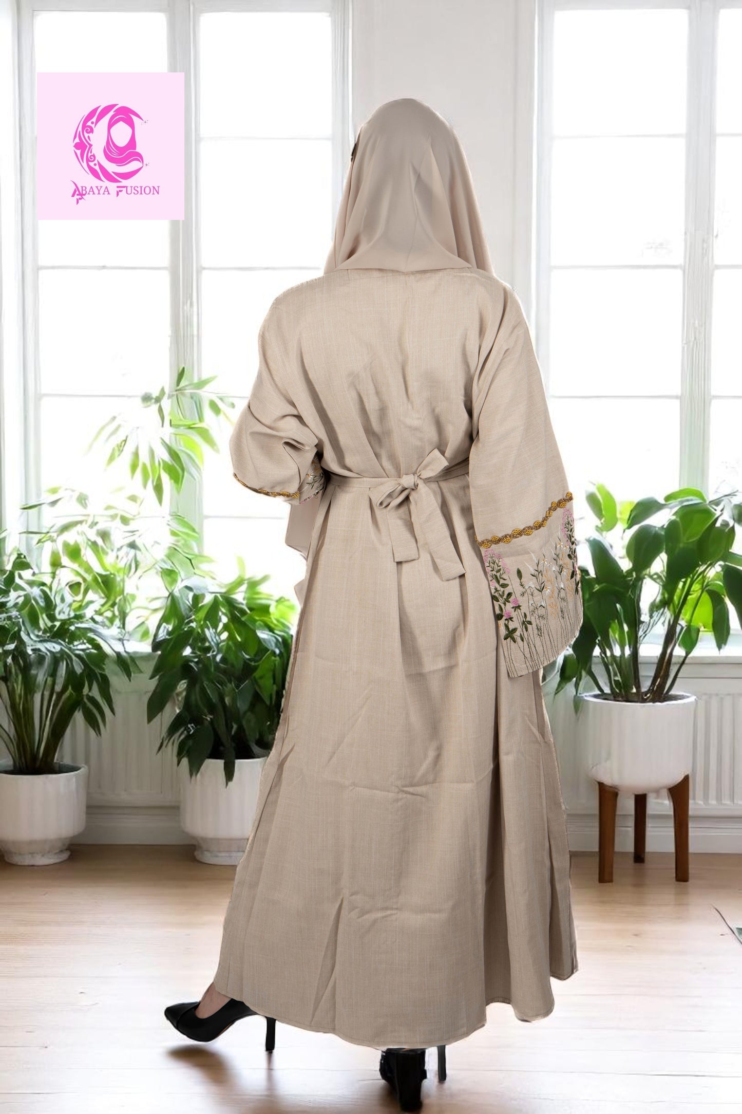 Beige linen embroidery abaya