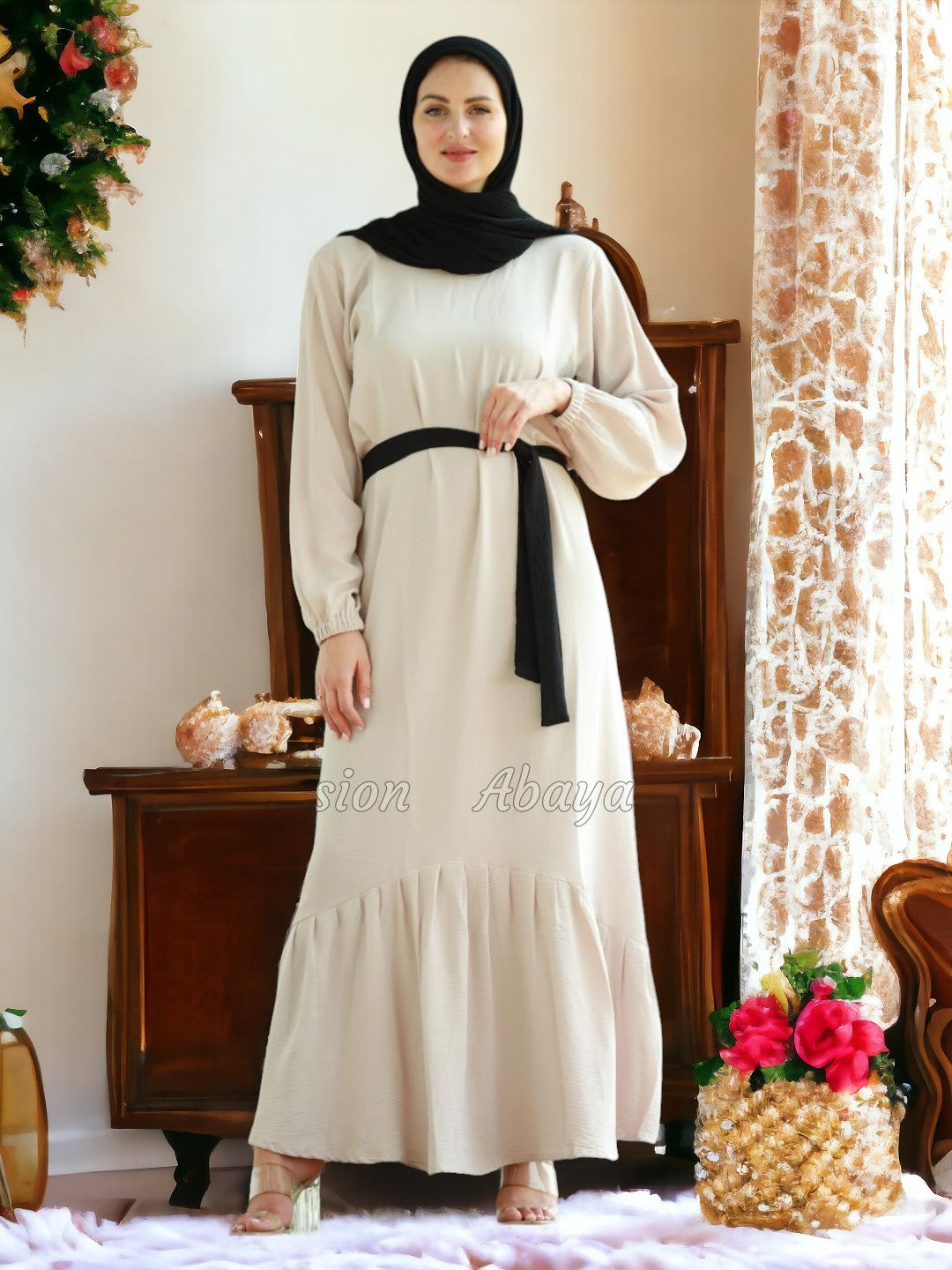 Long Dress with belt in black and almond
