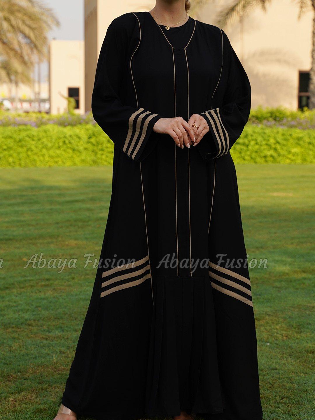 Abaya with Piping and Pleat Work On Front in Black and Beige