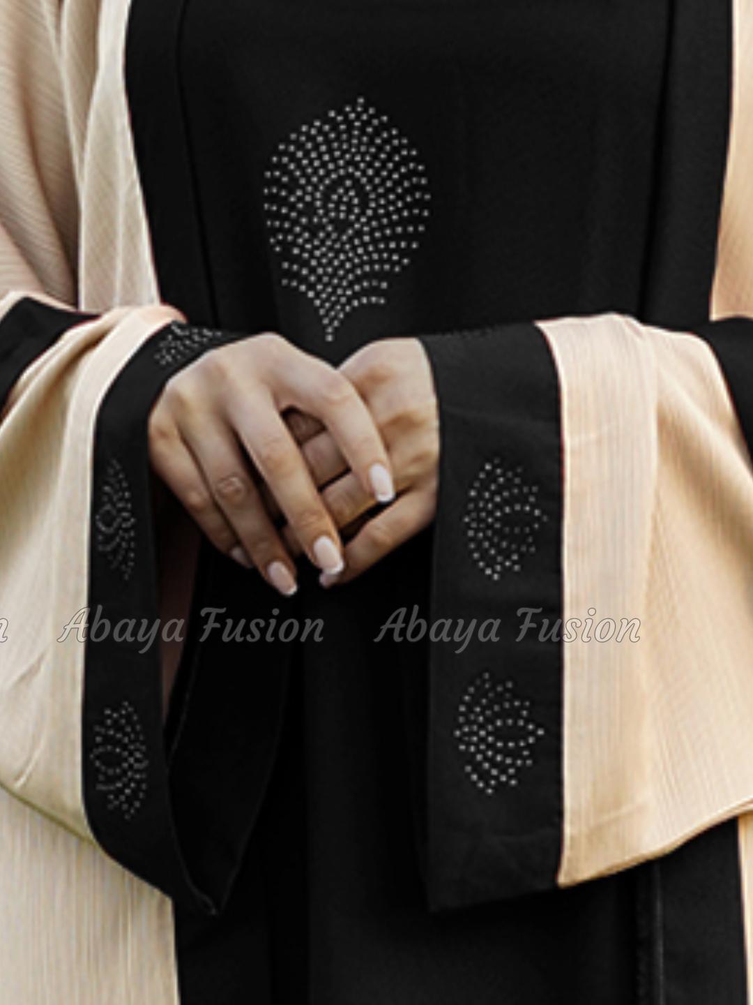 Nida Matte Abaya in black with attached Cream shrug in CEY