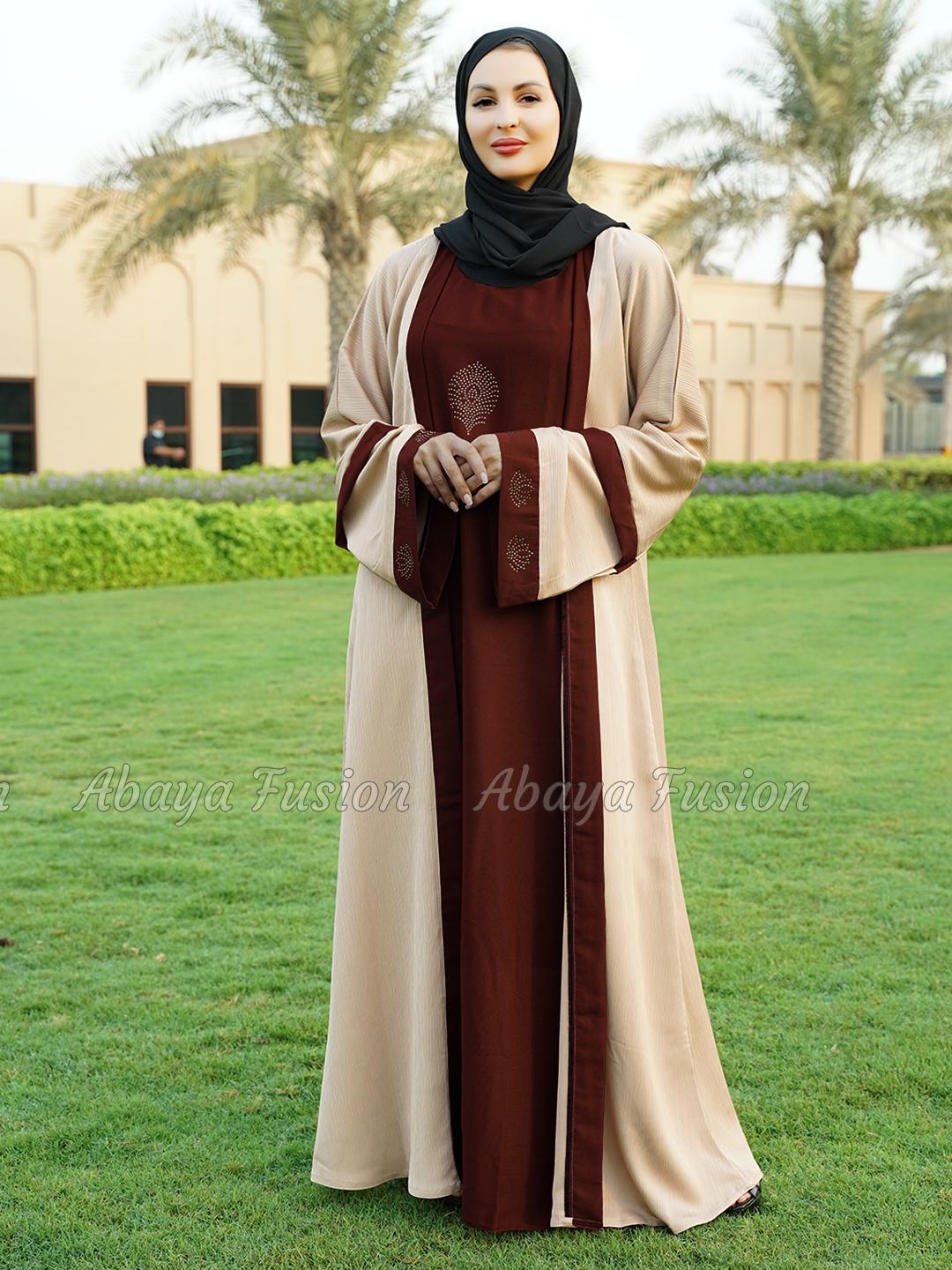 Masha Crepe Dark Maroon black and cream shrug abaya