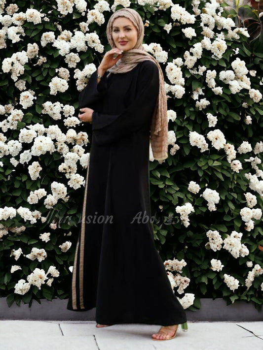 Premium Nida Matte Abaya in black with Beige work