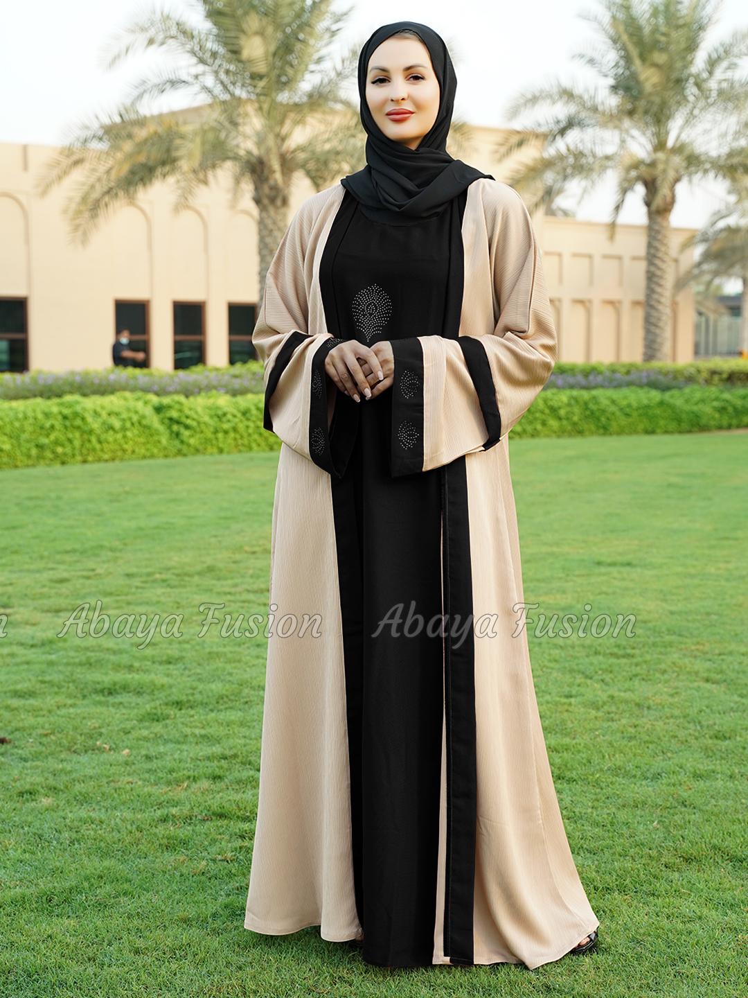 Nida Matte Abaya in black with attached Cream shrug in CEY