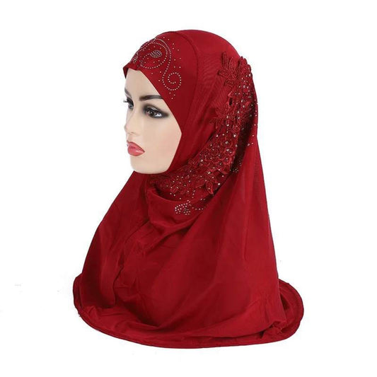 Muslim Kids Instant Hijabs with Lace Applique Flower Rhinestones Head Wrap Scarf Shawls for Little Girls Age 3-9 years old