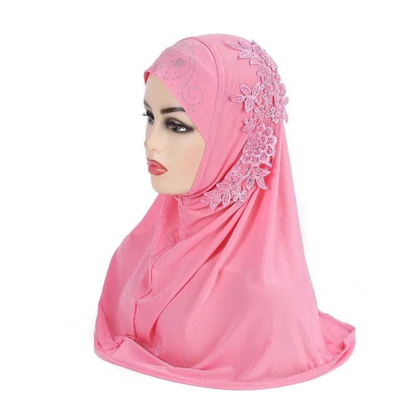 Muslim Kids Instant Hijabs with Lace Applique Flower Rhinestones Head Wrap Scarf Shawls for Little Girls Age 3-9 years old