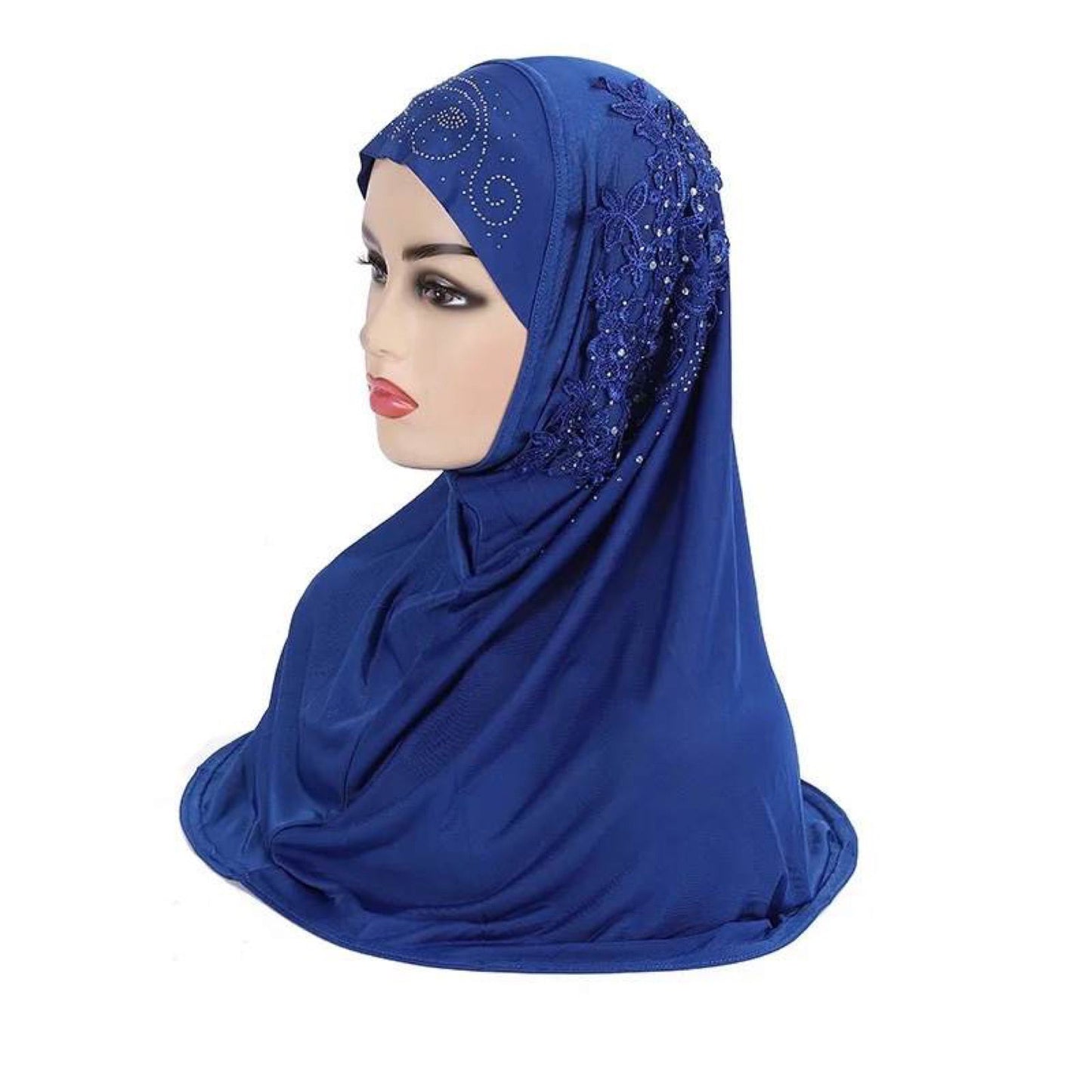 Muslim Kids Instant Hijabs with Lace Applique Flower Rhinestones Head Wrap Scarf Shawls for Little Girls Age 3-9 years old