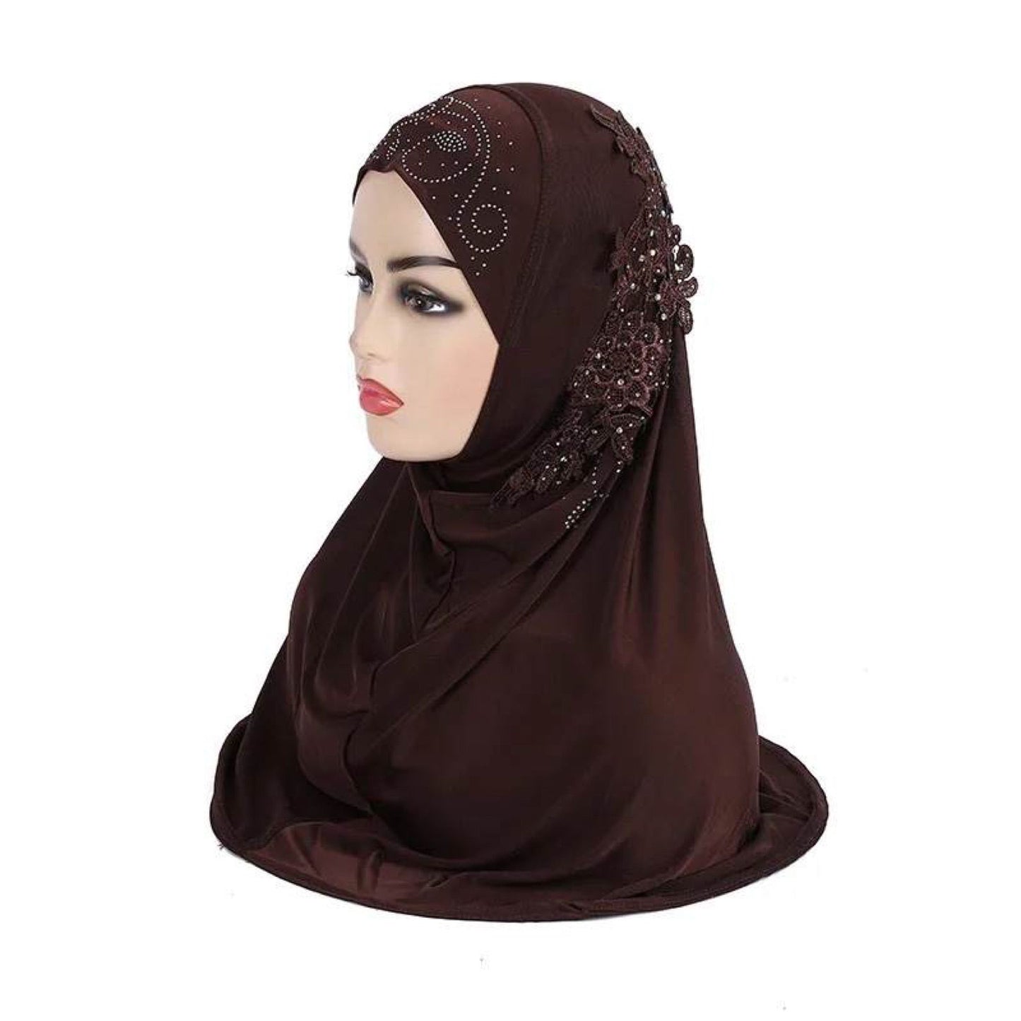 Muslim Kids Instant Hijabs with Lace Applique Flower Rhinestones Head Wrap Scarf Shawls for Little Girls Age 3-9 years old