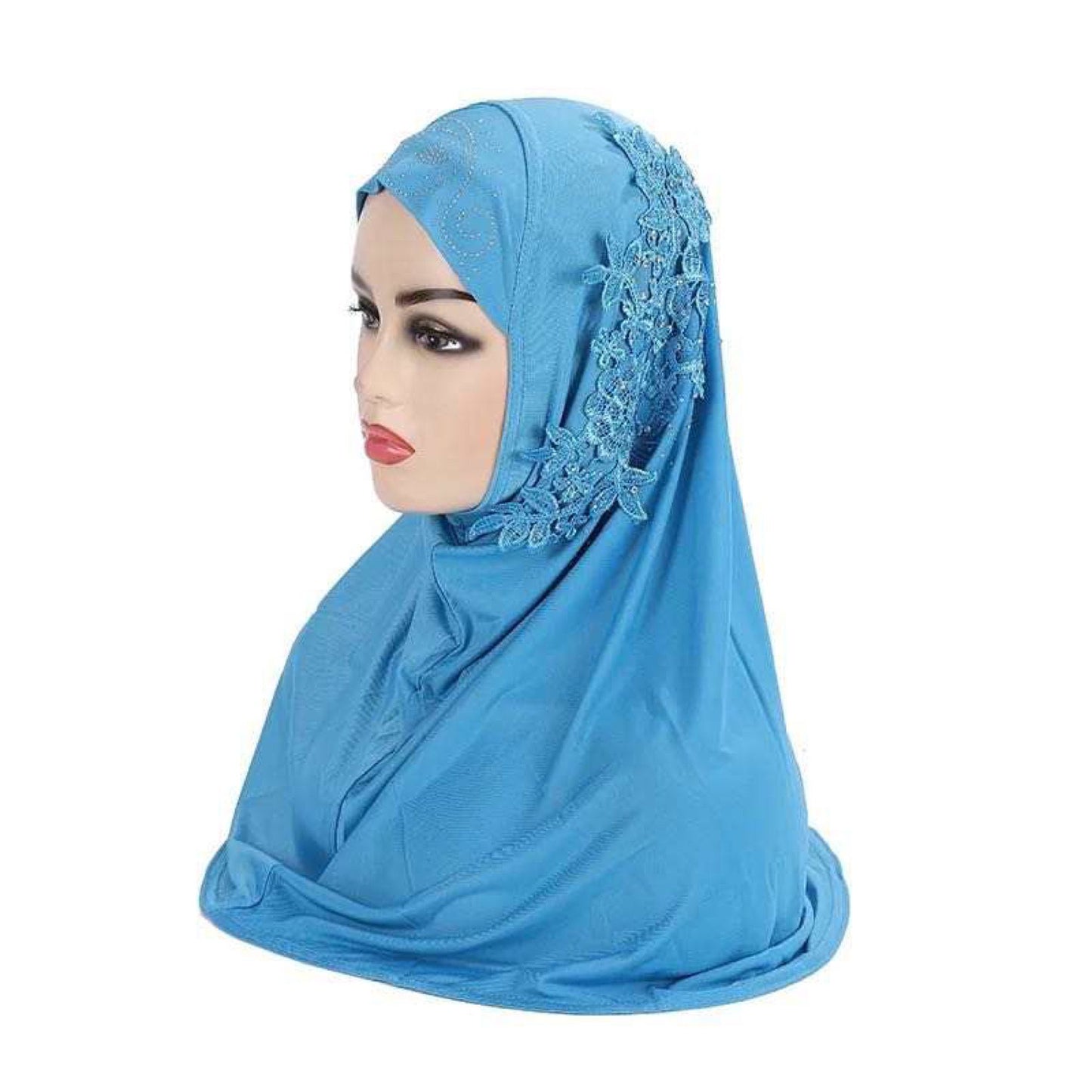 Muslim Kids Instant Hijabs with Lace Applique Flower Rhinestones Head Wrap Scarf Shawls for Little Girls Age 3-9 years old