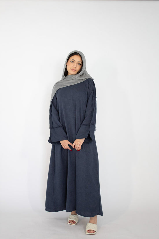 Aisha Linen Fringe Abaya - Navy