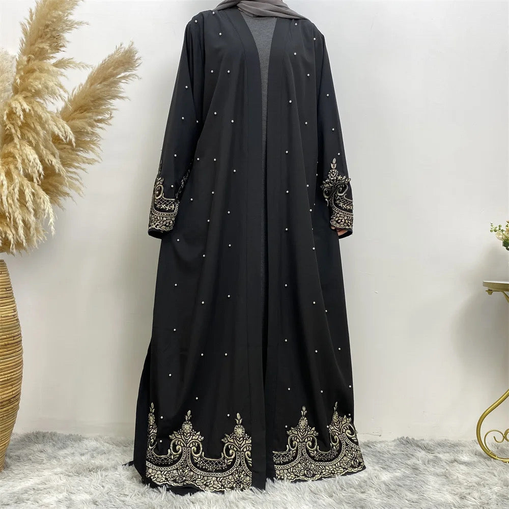 New Embroidery Lace Cardigan with Pearls Soft Polyester Fabric Open Abaya For Women