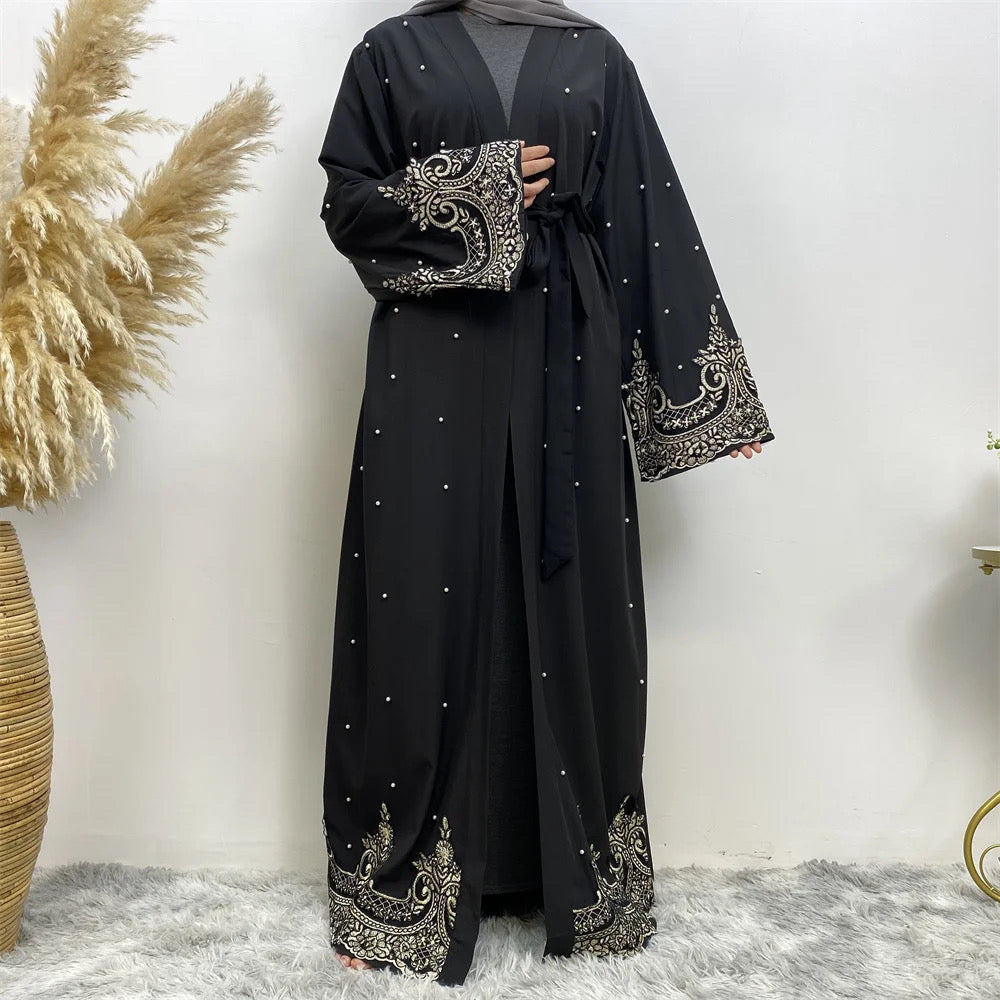 New Embroidery Lace Cardigan with Pearls Soft Polyester Fabric Open Abaya For Women