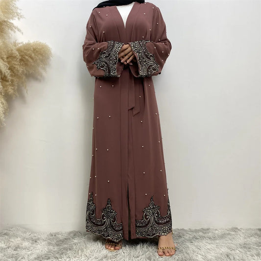 New Embroidery Lace Cardigan with Pearls Soft Polyester Fabric Open Abaya For Women