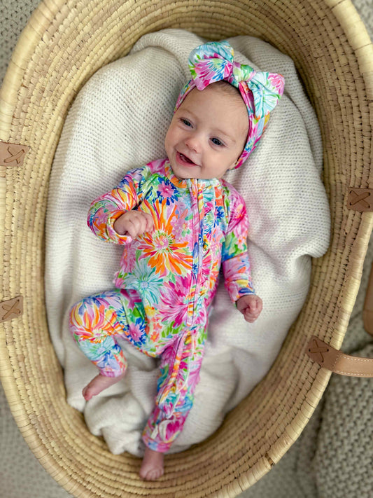Bamboo Neon Floral Ruffle Baby Romper