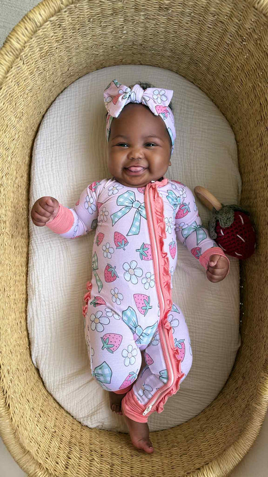 Bamboo Strawberry Ruffle Baby Romper