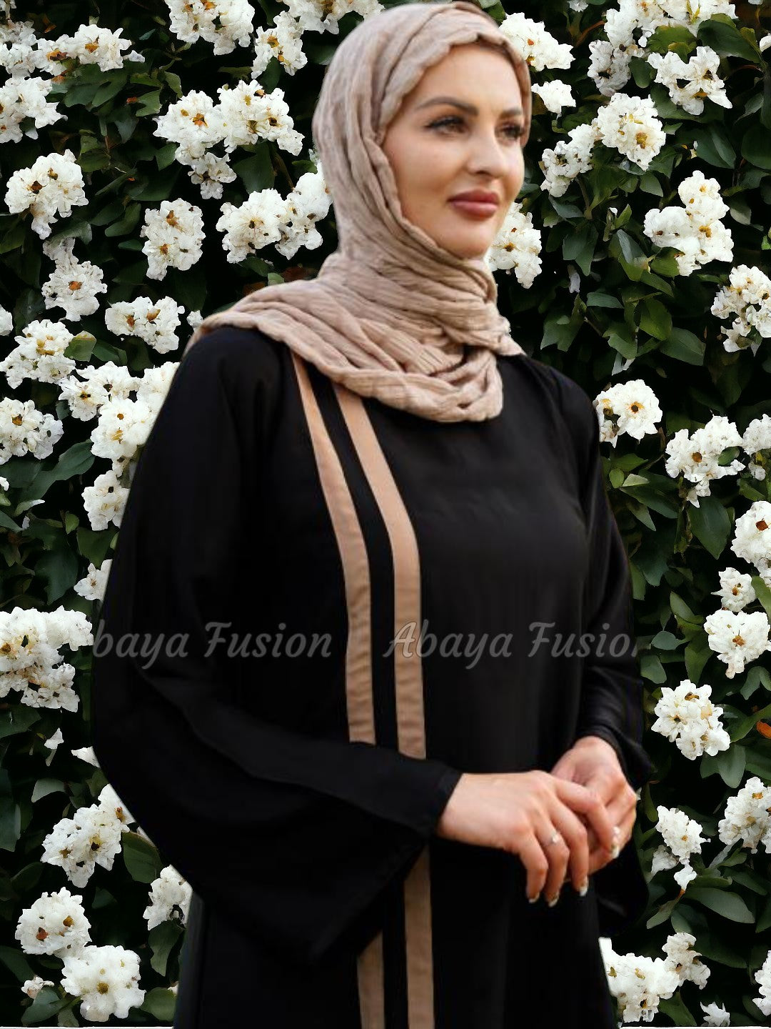 Premium Nida Matte Abaya in black with Beige work