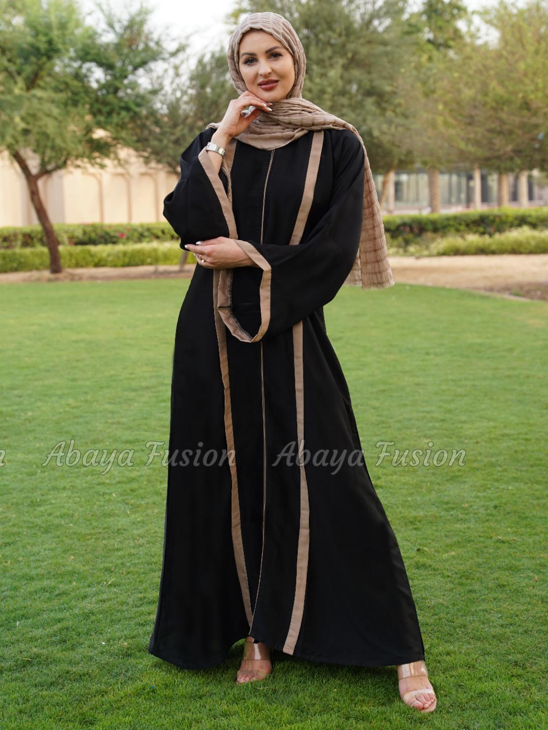 Abaya With Beige Band Work