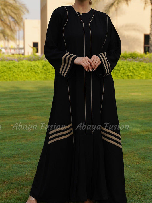 Abaya with Piping and  Pleat Work On Front in Black and Beige