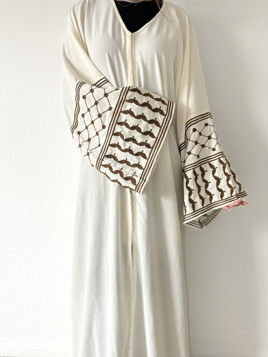 Kefiyyeh Inspired Abaya - White ( Brown Embroidery )