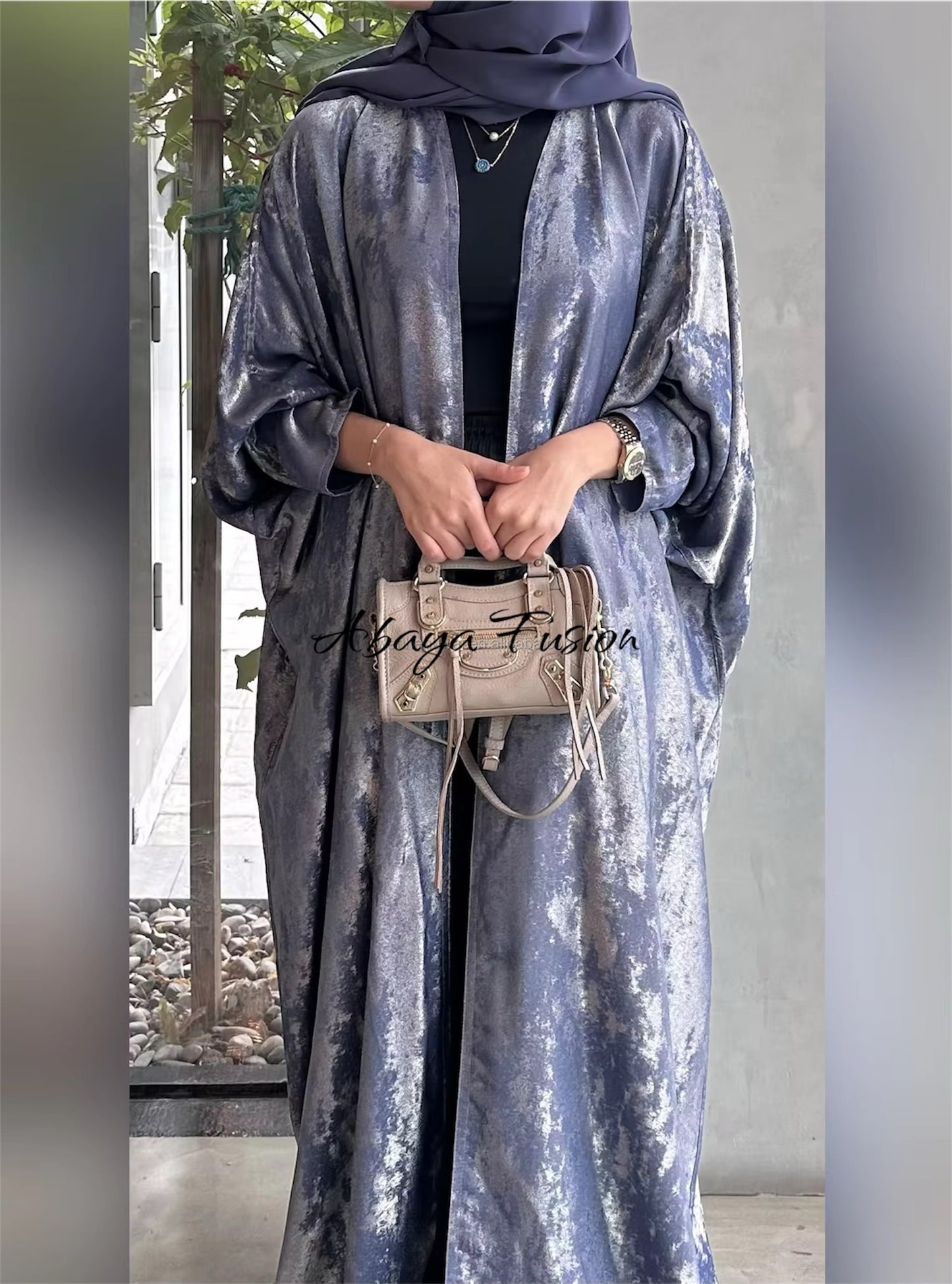 Dark Blue Metallic reversible Open Abaya